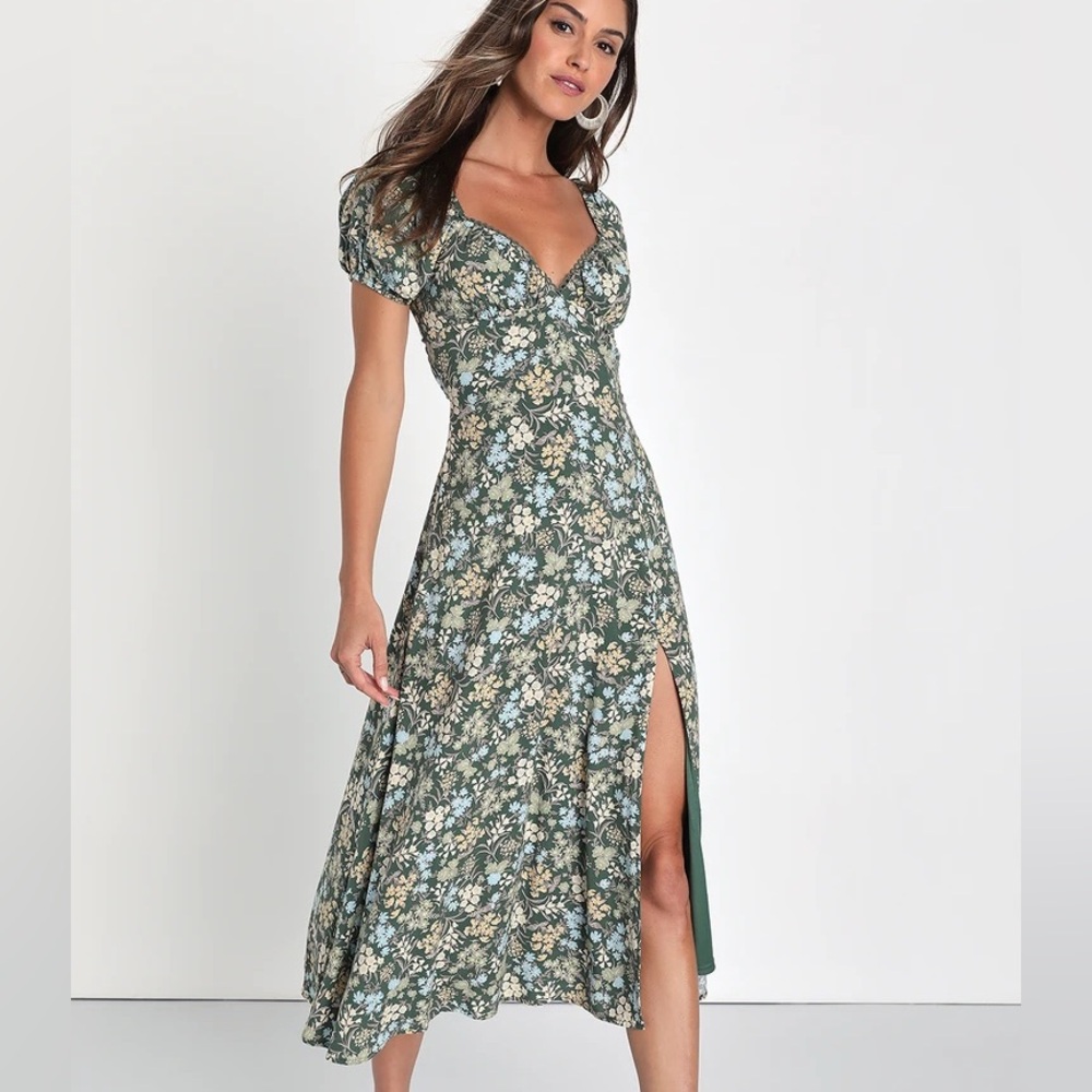 Lulus Meadow Muse Green Floral Tie-Back Puff Sleeve Midi Dress